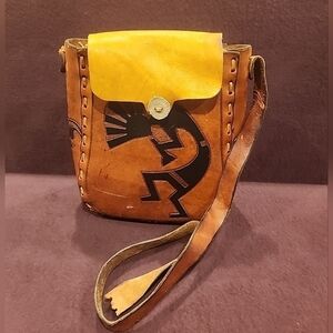Native American Design Leather Bag Hand Made Hand Tooled Hand Painted Vtg 3/$25